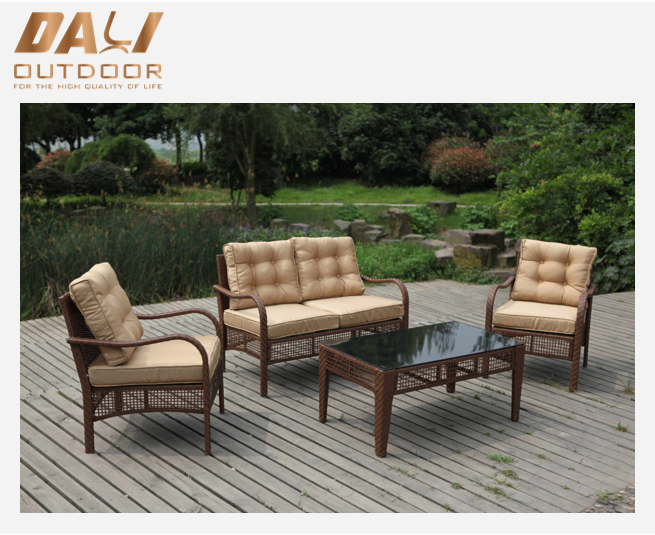 All Weather płaski rattan 4 sztuki brązowy zestaw zewnętrzny plastikowa rattanowa sofa meble rattanowe narożna sofa
